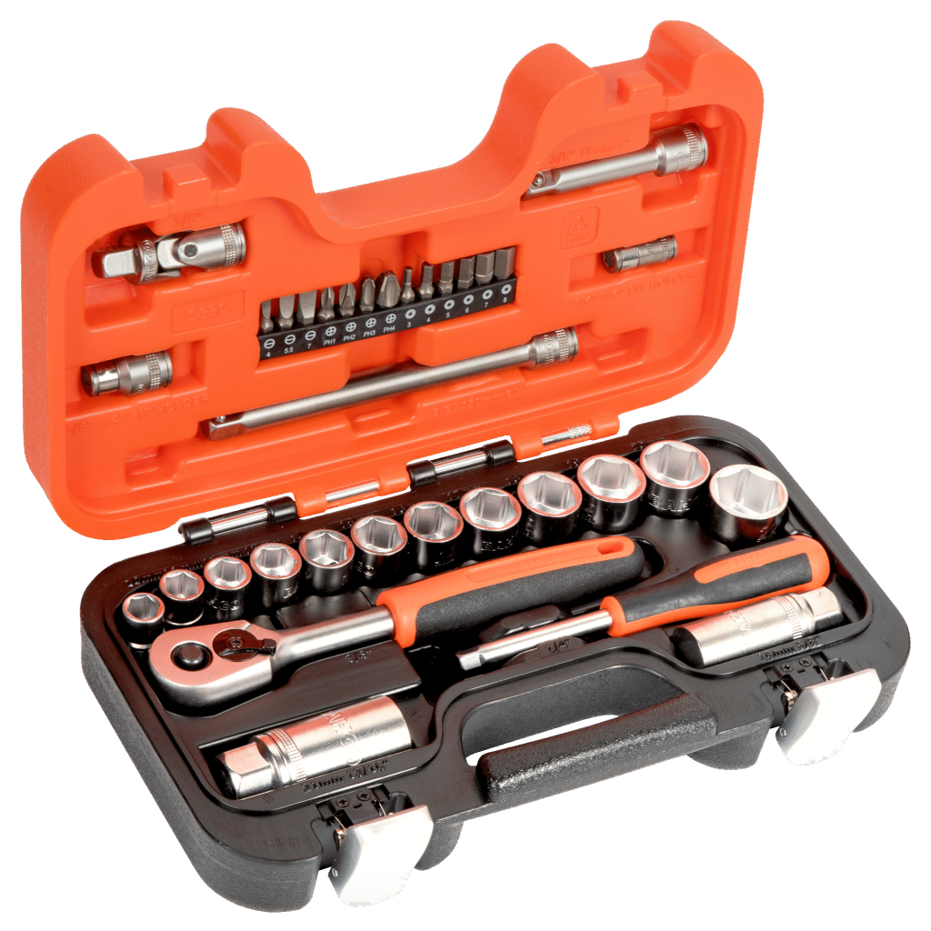 BAHCO 1/4" and 3/8" Square Drive Socket Set with Metric Hex Profile and Ratchet S330