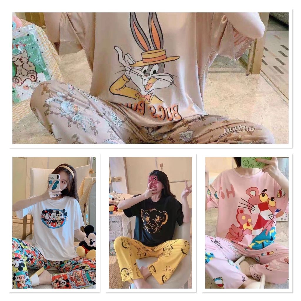 Korean Style Baju Import Piyama lengan Panjang Baju Tidur Wanita Motif Kartun Set Piyama Lengan Panj