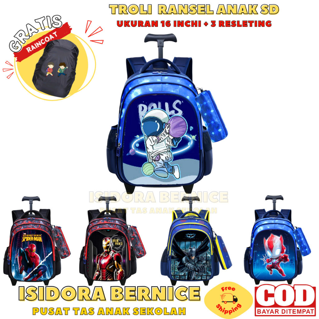 Trolley Tas Sekolah SD Anak Laki Laki Bahan Nilon Tebal dan Kuat