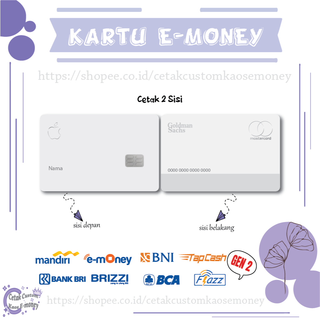 KARTU E MONEY E TOLL CARD GOLDMAN APPLE WHITE CARD MANDIRI EMONEY BNI BRI BCA - 2 SISI