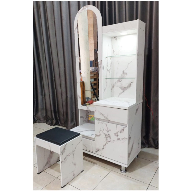 meja rias kaca tinggi panjang dengan lampu dan kursi stool lengkap minimalis