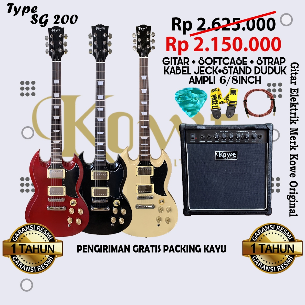 Promo Paket Bundling Hemat Gitar Listrik Model Gibson SG 200 Merk Kowe Original
