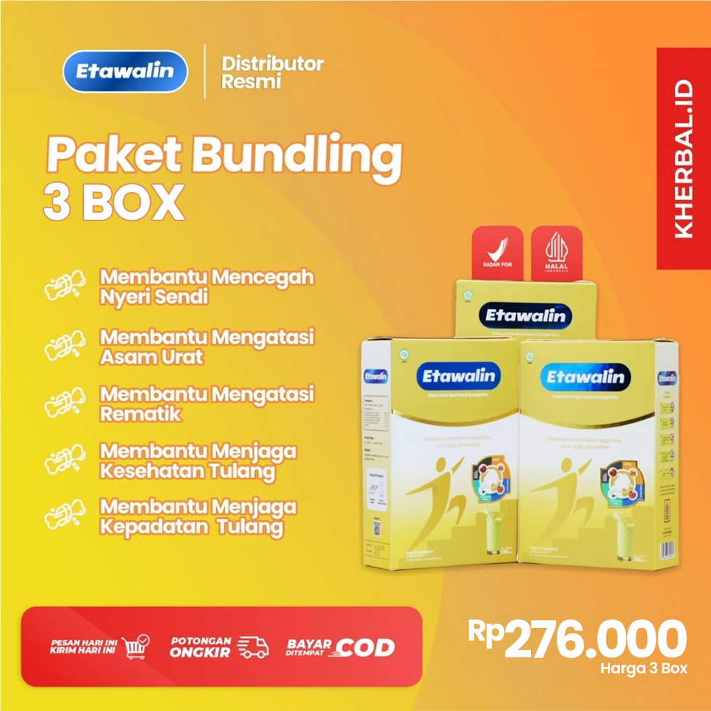 

Paket 3 Box Etawalin - 3x lebih Efektif Sembuhkan Asam Urat Dan Nyeri Sendi Tampa Kambuh Lagi, Pengeroposan Tulang, Badan Cepat Lelah Original 100% Tanpa Efek Samping Sudah Terdaftar di BPOM Obat Asam Urat Susu Etawa Murni Susu Asam Urat Susu Etawalin