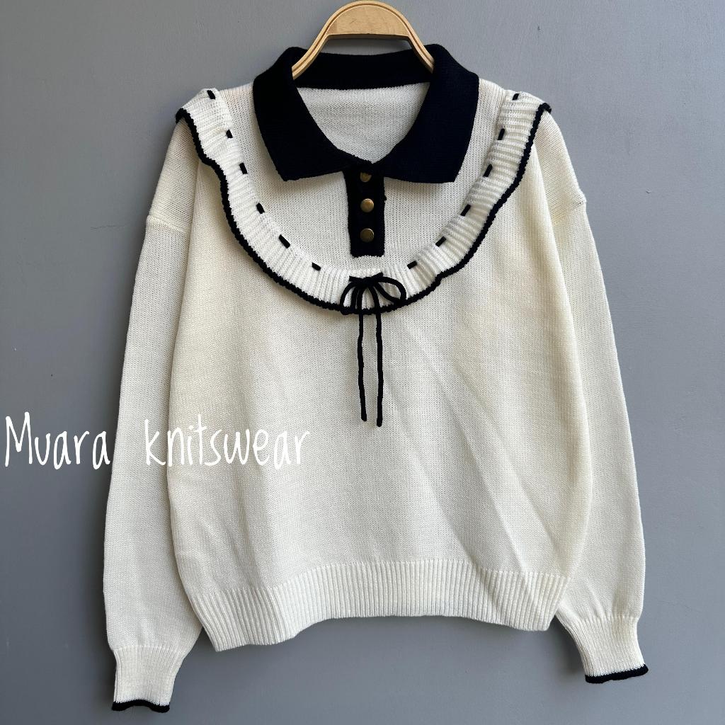 MUARA  KNITSWEAR BAJU ATASAN SWEATER RAJUT WANITA MOTIF KANCING TALI RENDA DEPAN KOREAAN STAYLE