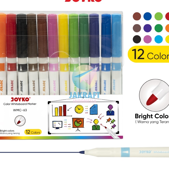 

Mega 12 Pcs Set Spidol Papan Tulis Segala Jenis Set 12 Warna JOYKO WMC63 Erasable Whiteboard Glassboard Marker Bisa Dihapus