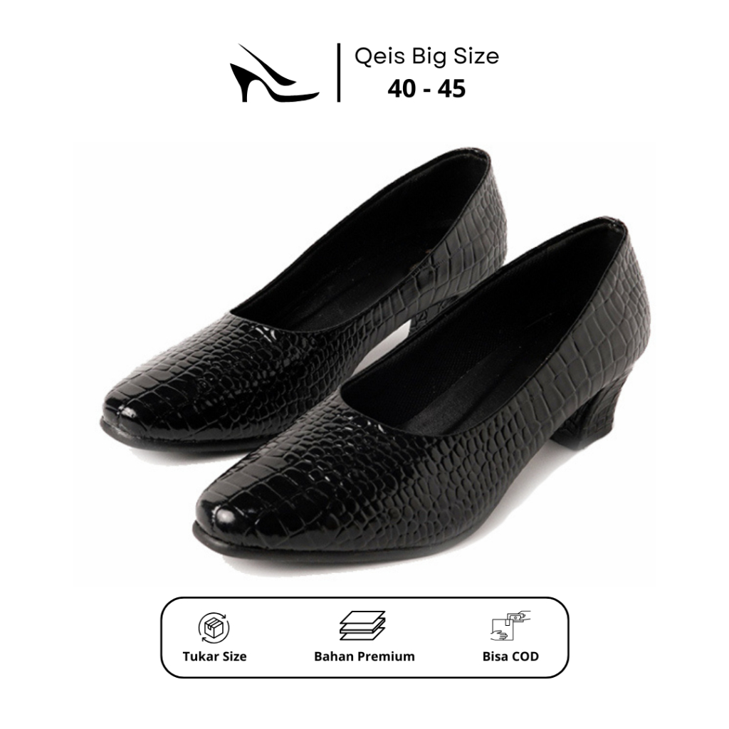 BIG SIZE - Sepatu Pantofel Wanita Hak 5cm Kulit Hitam Croco Size Jumbo