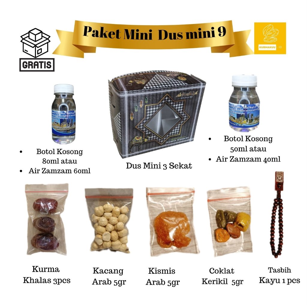 

Paket Oleh Oleh Haji dan Umroh Super Hemat Dus mini isi air zamzam / botol kosong zamzam kacang arab tasbih kayu coklat arab, paket oleh oleh umroh termurah , paket oleh oleh haji grosir