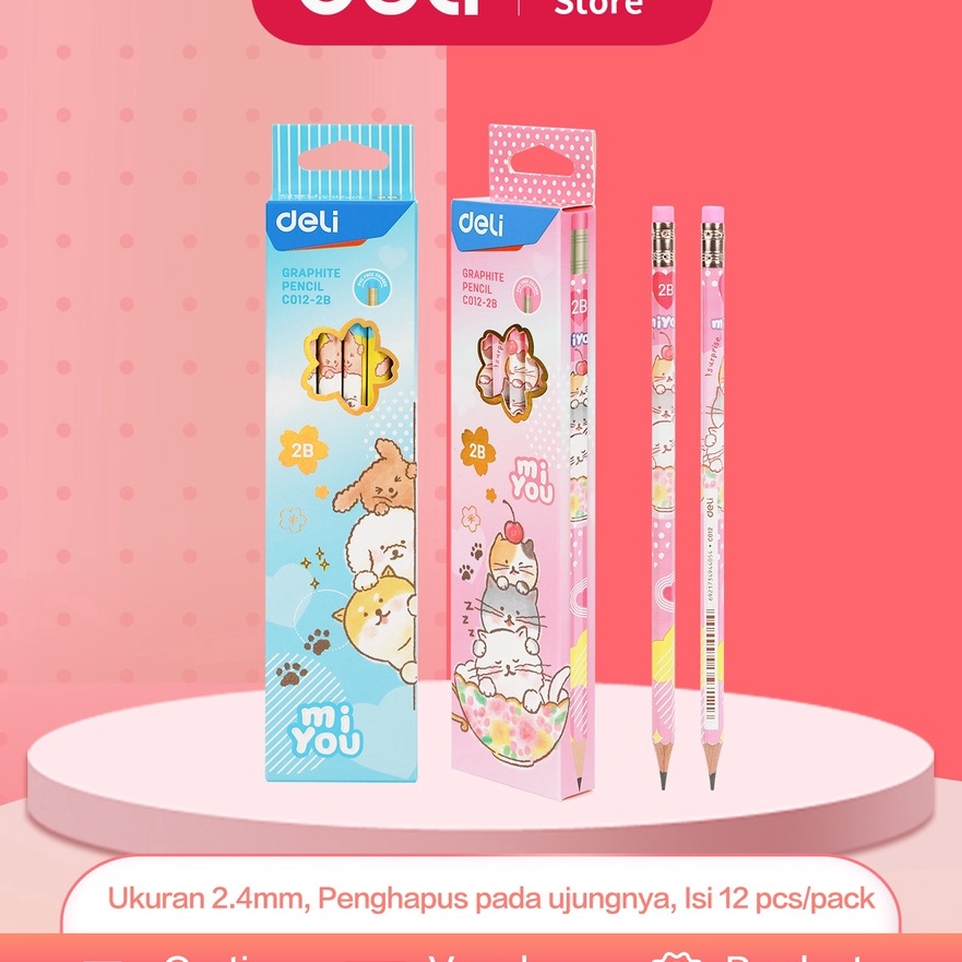 

KI3 Deli Graphite Pencil Pensil Kayu 2B Isi 12pcsPack dengan Penghapus Desain Miyou EC122B