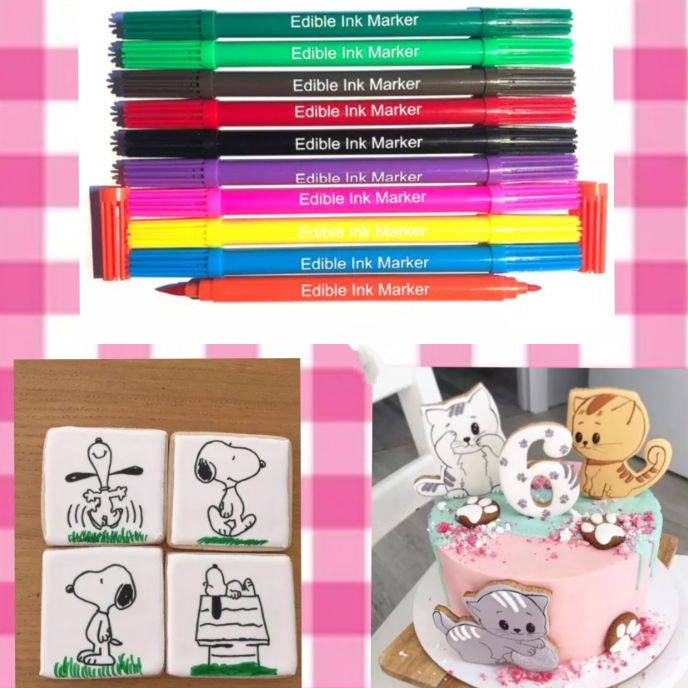 

KI3 Edible pen spidol 2 sisi tebal tipis untuk hias bento dan tulisan di atas cake cookies tinta aman dimakan