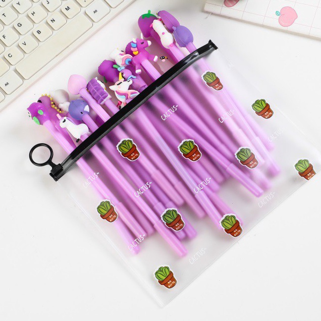 

KI3 HL78 Pena Karakter Set Pouch Isi 2 Pcs Tempat Pensil Transparan Zipper Bag
