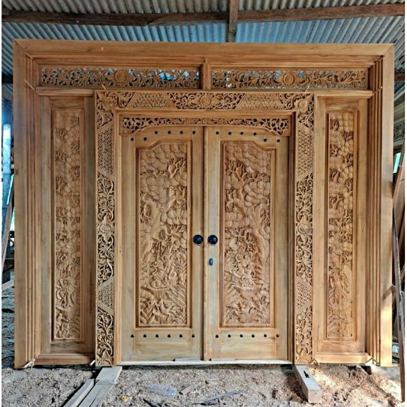 pintu gebyok minimalis/pintu gebyok modern ukir relif ramayana ful kayu jati