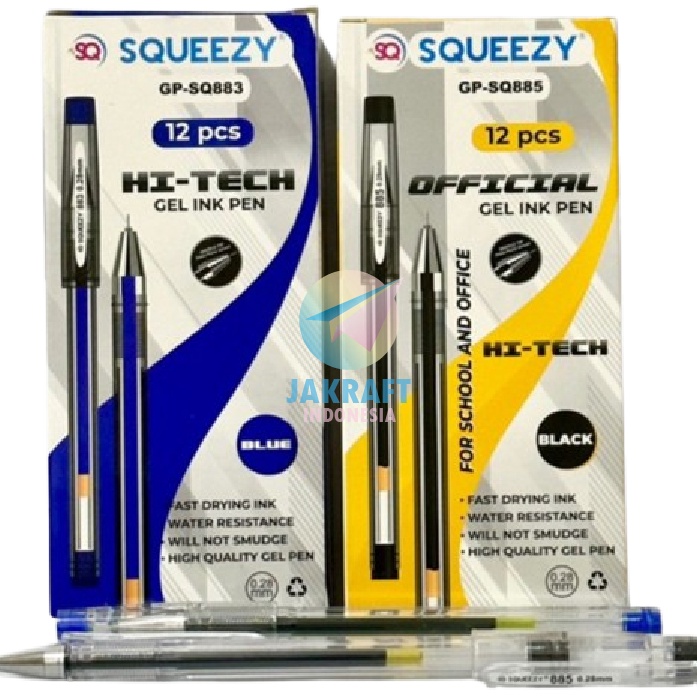 

HJ6 12 Pcs Pulpen Gel Pen SQUEEZY GPSQ885 Hitam Black GPSQ883 Biru Blue HiTech Official Needle Tip 28 mm Ultra Fine