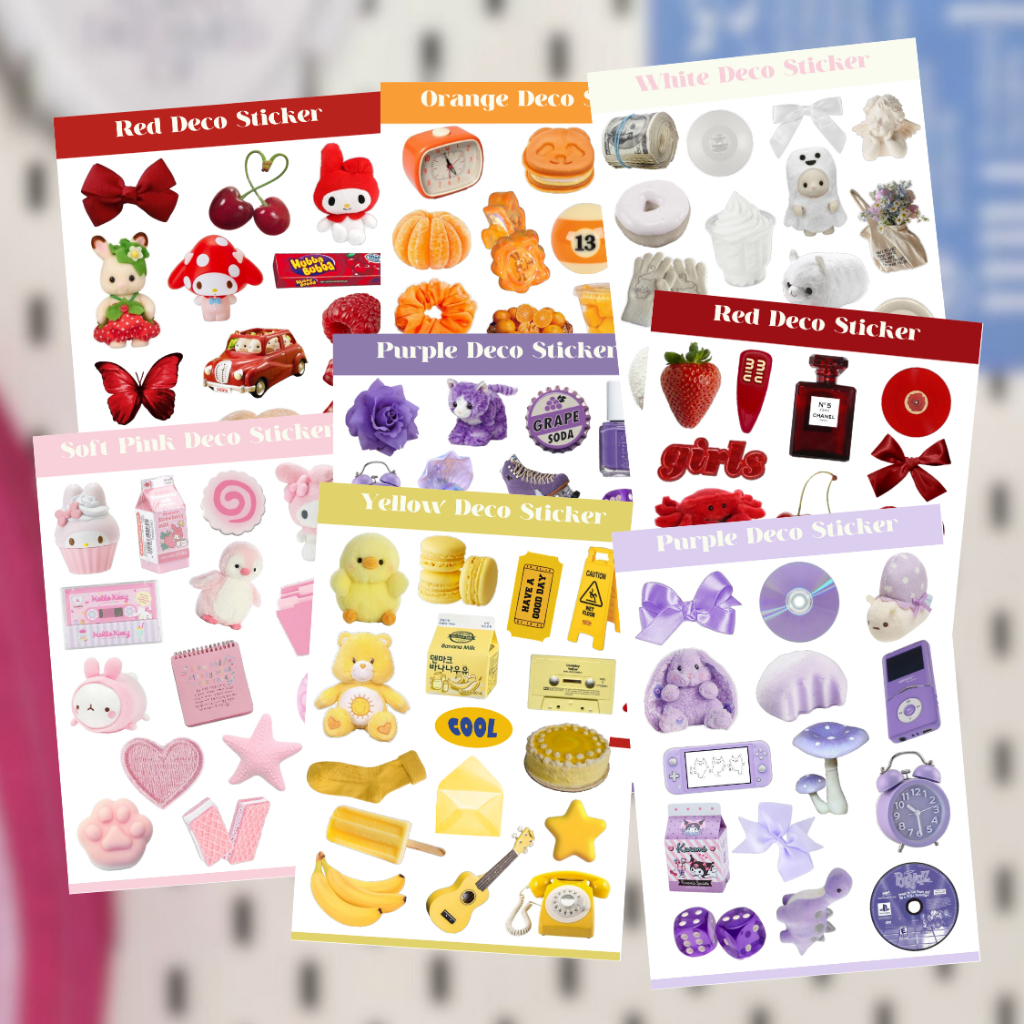 

DECO STICKER SHEETS RED YELLOW GREEN BLUE PURPLE WHITE ORANGE PINK AESTHETIC FOR JOURNALING