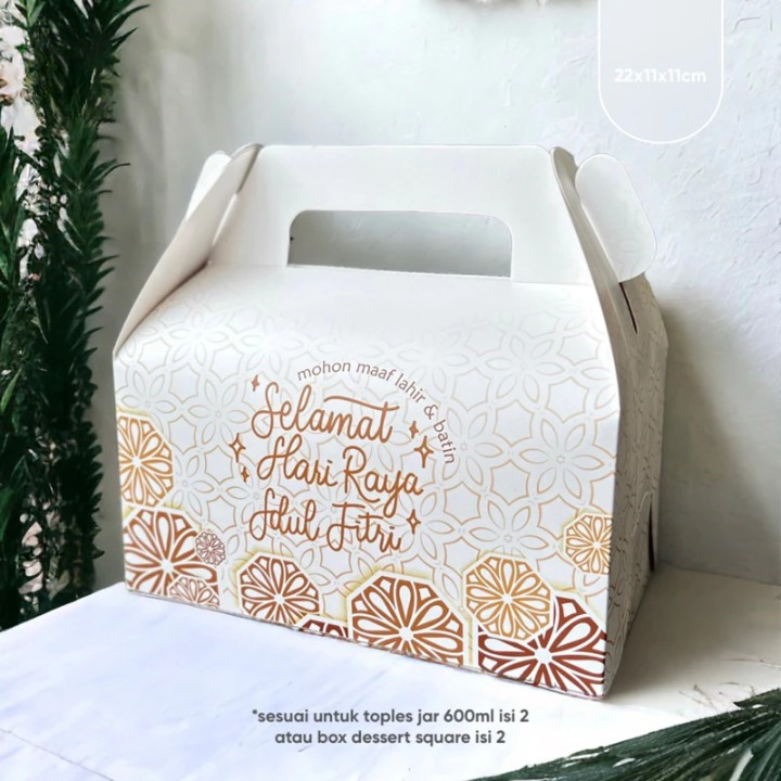 

( 5 pcs ) gable box idul fitri muat 2 toples jar 600 ml dus packaging hampers kuker eid mubarak ukuran 22x11x11 cm