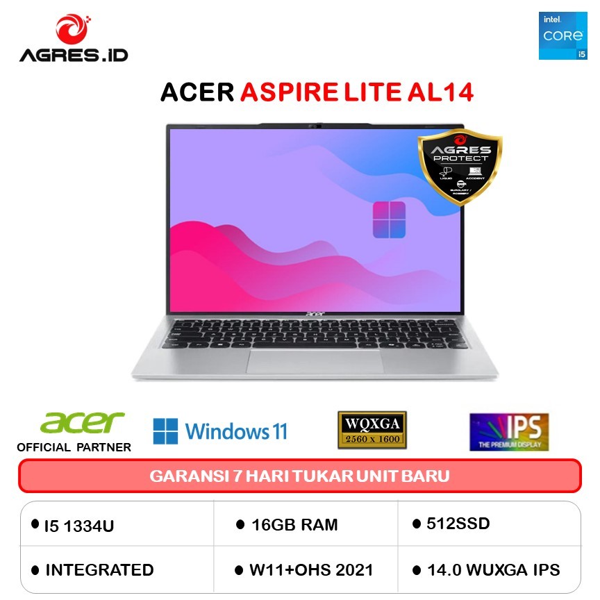 ACER ASPIRE LITE AL14 I5 1334U 16GB 512GB W11PRO+OHS 14.0WUXGA IPS SILVER -52M.59TF