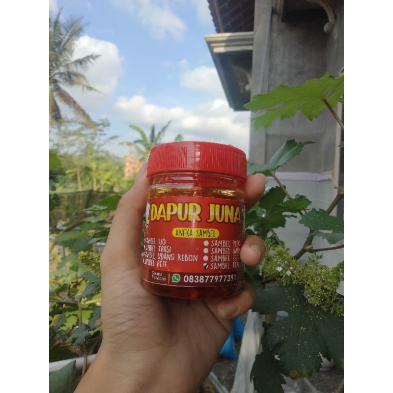 

DAPUR JUNA | Aneka sambal kemasan botol 120gr, Sambal Baby cumi,Udang rebon,Terasi,Teri kering, Pedo,Pete,Cabe ijo,Pecel