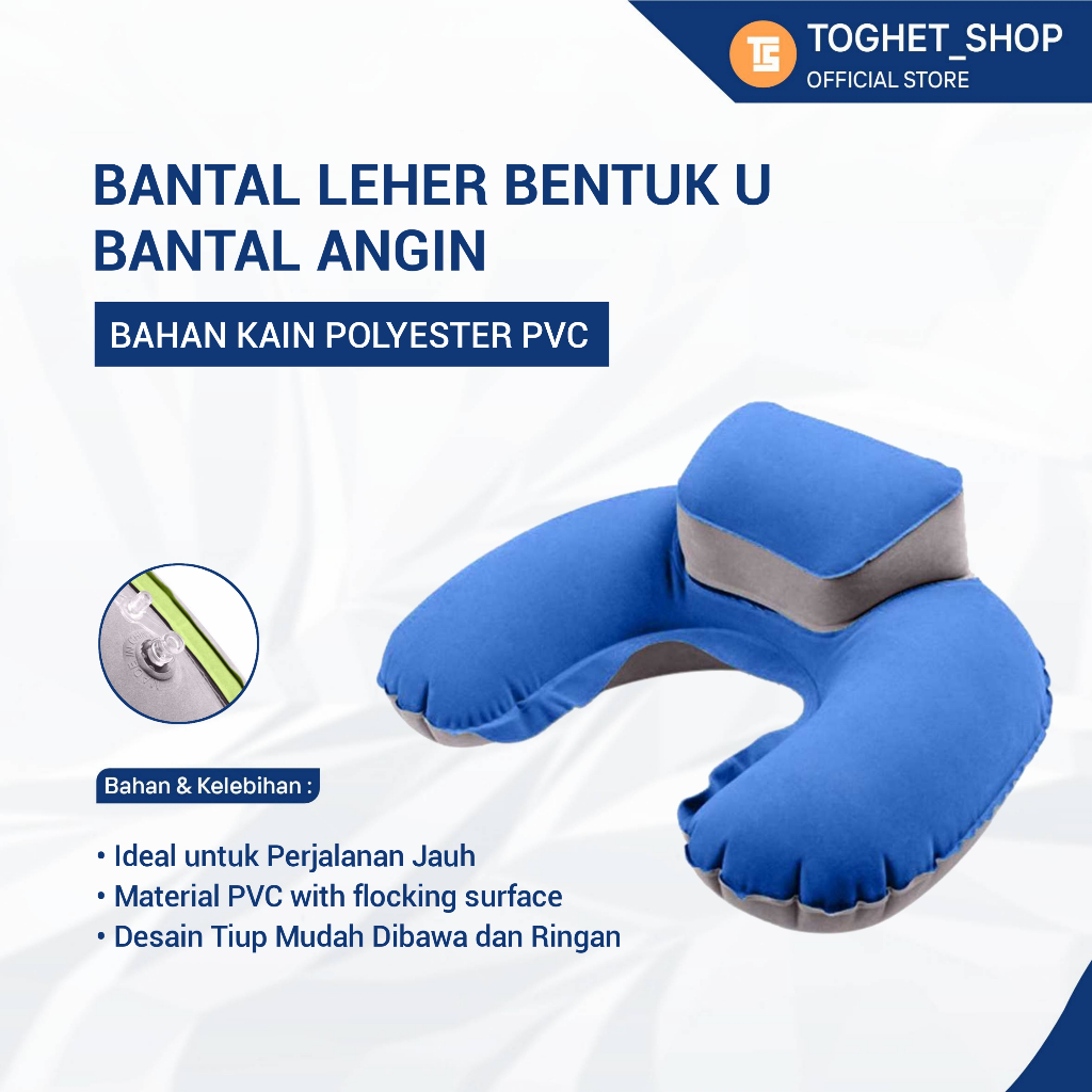 Bantal Leher Bentuk U Bantal Angin Leher Tiup PVC Inflatable Air Blow Up Bahan Kain dan Polyester