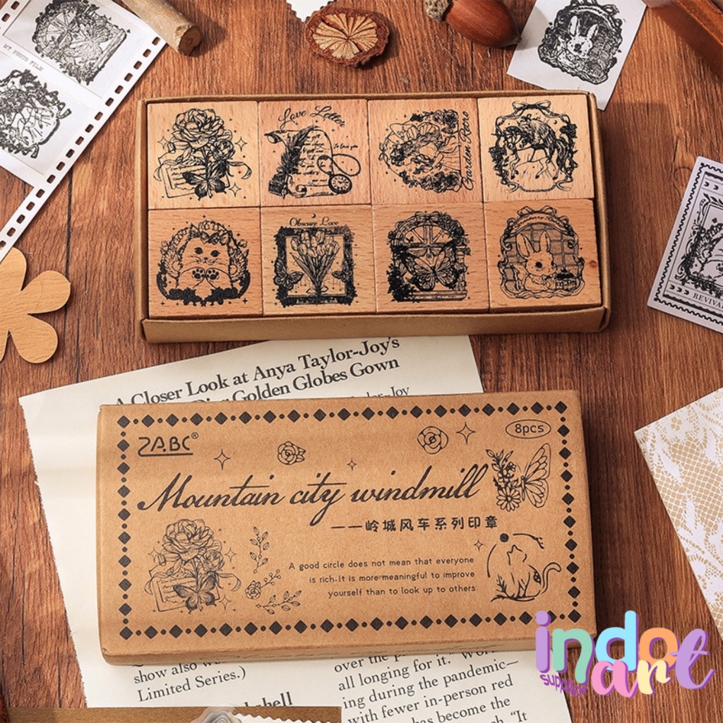 

(IAS) ZABC Wooden Stamp Stampel Seal Butterfly Retro Cat Rabbit Animal Garden Retro Windmill