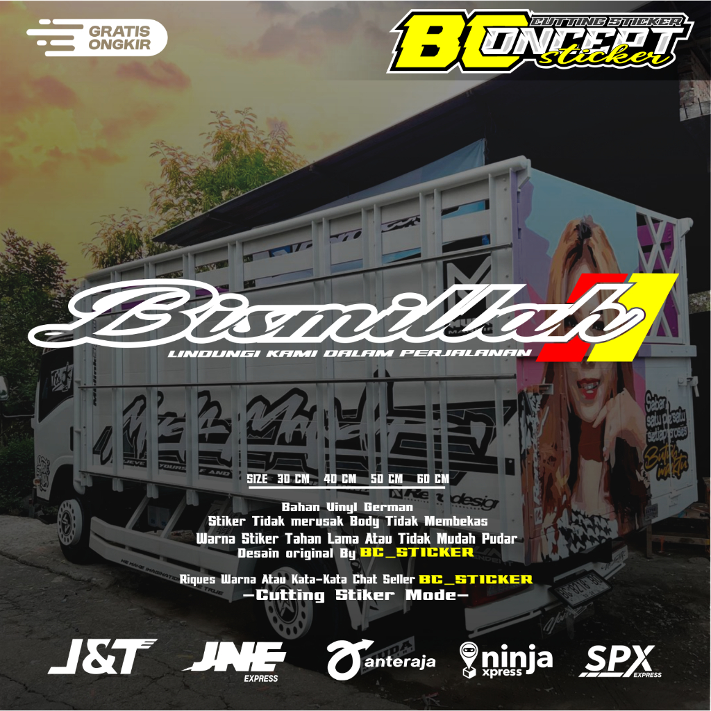 sticker cutting kaca depan Bismillah mobil l300 granmax carry truck canter elef dutro fuso hino stic