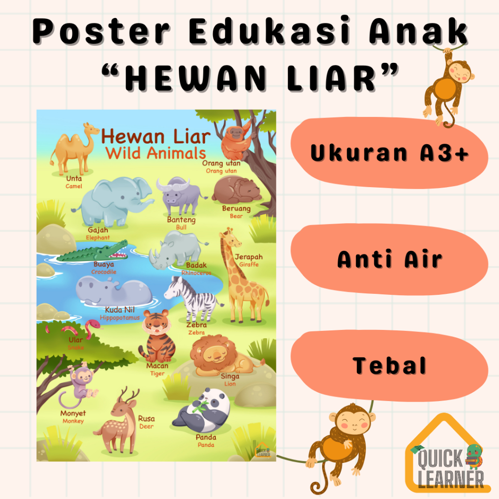 Quick Learner Poster Edukasi Anak Belajar Hewan Liar Untuk Pendidikan Anak Paud TK SD