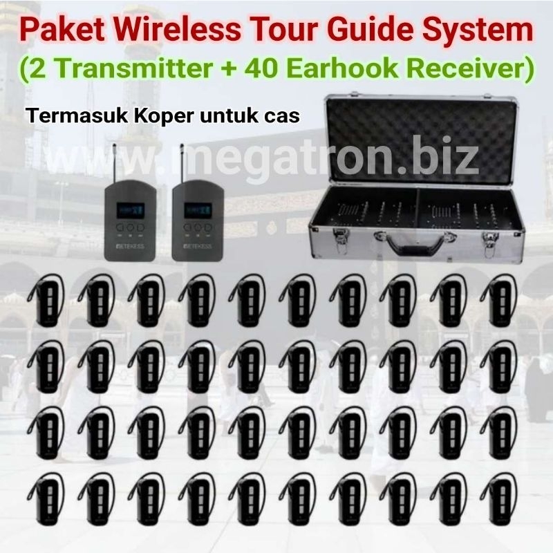Paket Wireless Tour Guide System 2 Transmitter + 40 Earhook Receiver (dengan koper charging)