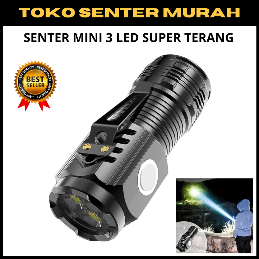 Senter Mini 3 Mata Led Lampu Swat Outdoor 4 Mode Cahaya Senter Magnetic Camping Hiking