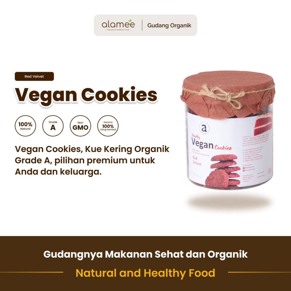 

alamee vegan cookies red velvet lezat yang gurih menyuguhkan rasa red velvet untuk camilan sehat