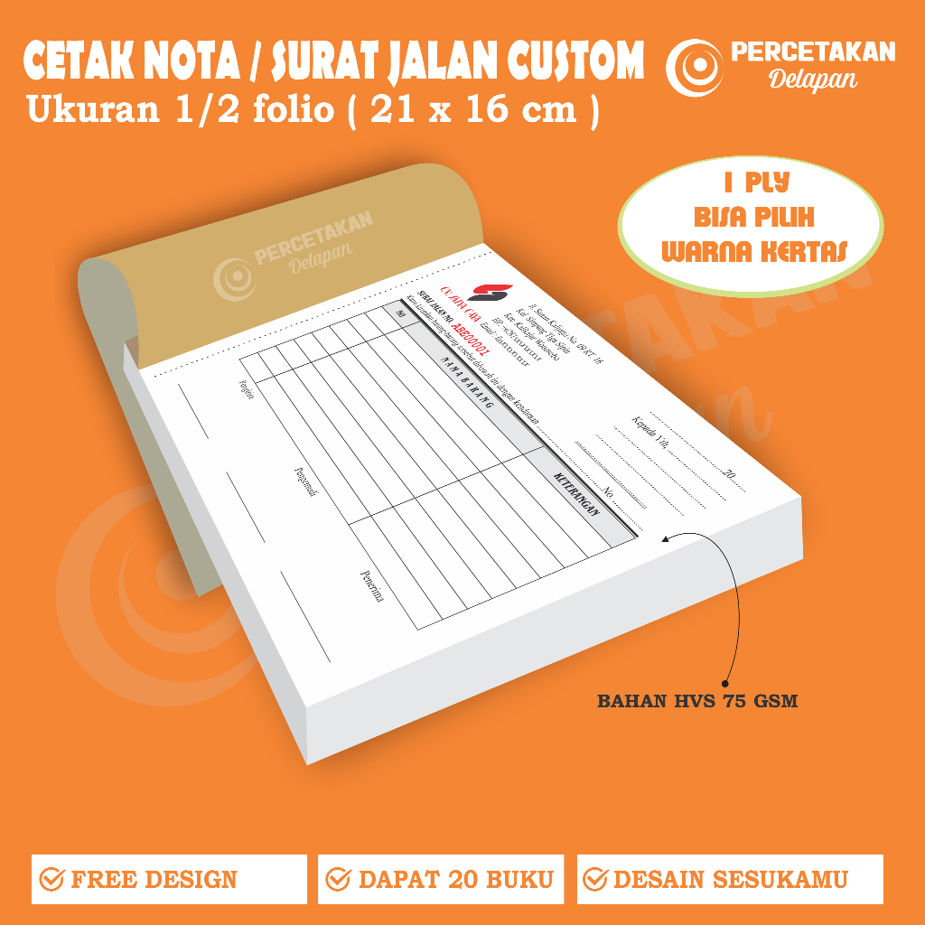 

cetak Nota custom 1 ply 1/2 FOLIO / Paket 20 buku