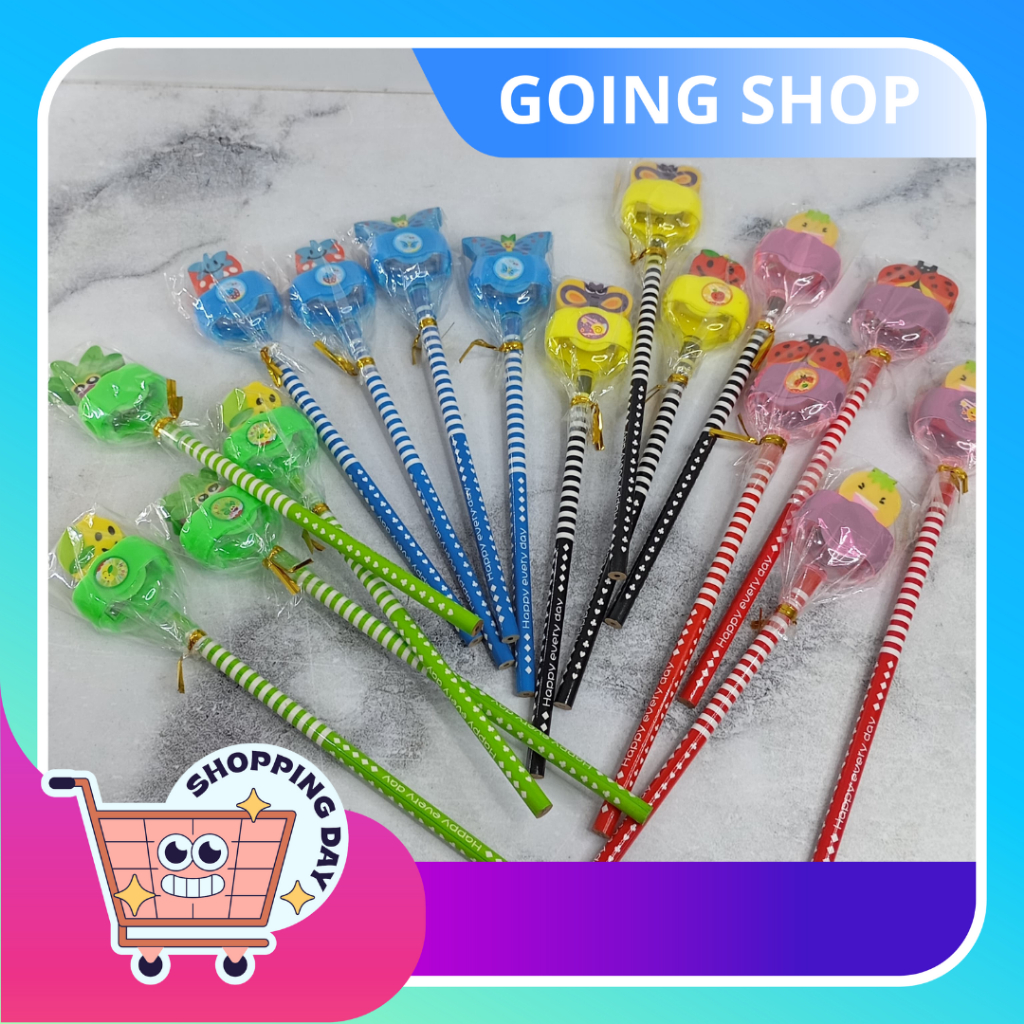 

[ GS ] Pensil Karakter Kartun Lucu Motif Garis Polkadot Pensil Karakter + Penghapus 3D+Peruncing Pensil Fancy Unik