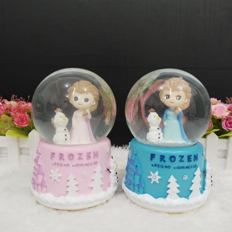 Snowball / Pajangan Bola Kaca Musik Box Frozen Elsa Biru XL (100) + Lampu Salju Otomatis Bergerak