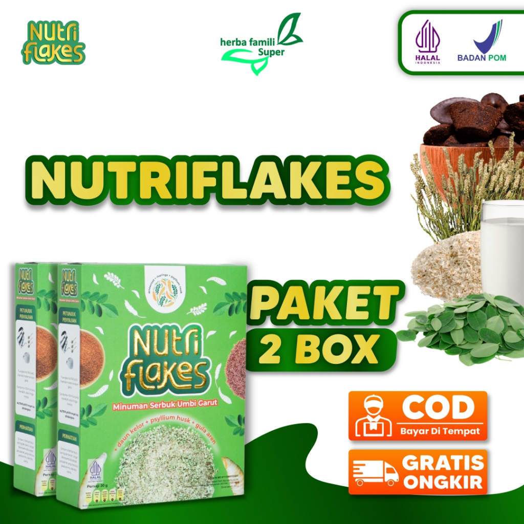 

2 Box NUTRIFLAKES Sereal Herba Untuk Maag dan Gerd Umbi Garut Herbal Super Menyehatkan Mengenyangkan