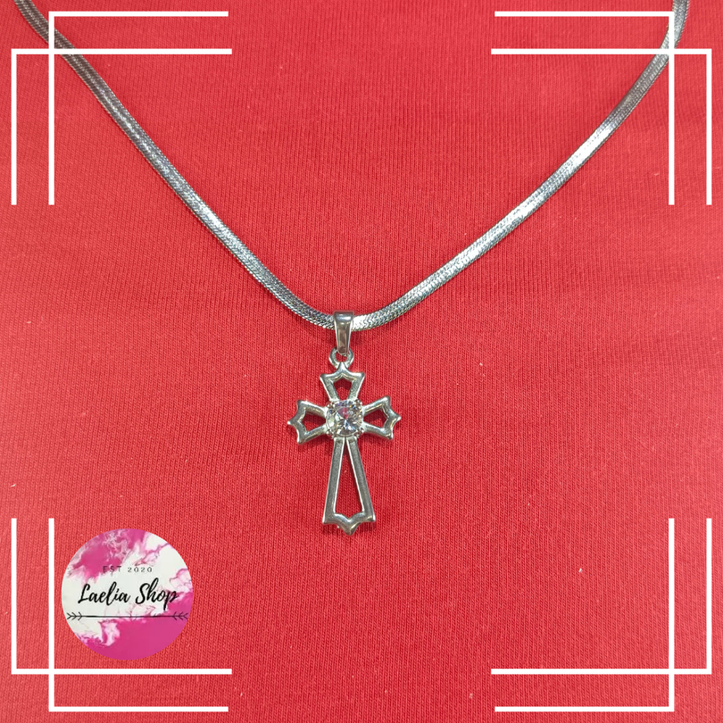 [Laelia Jewelry] Kalung Liontin Salib Permata Rantai Sisik Ular Titanium Import Asli Anti Karat Tida