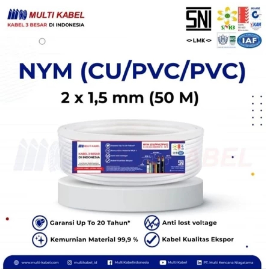 Kabel Listrik NYM 2X1.5 SNI 1Roll 50Yard /Kabel Listrik MULTI NYM 2X1,5 Tembaga