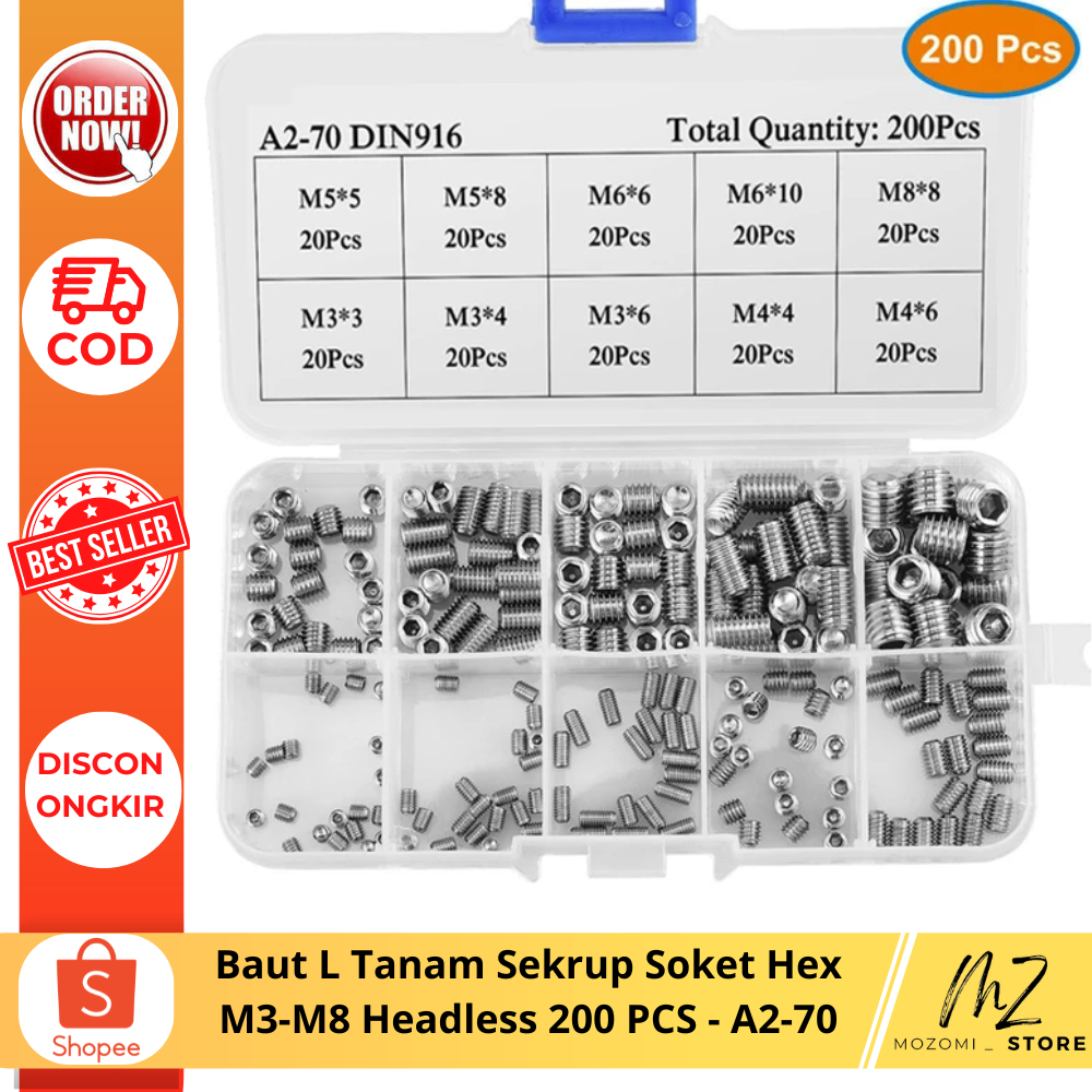 Baut L Tanam Sekrup Soket Hex M3-M8 Headless 200 PCS / baut variasi