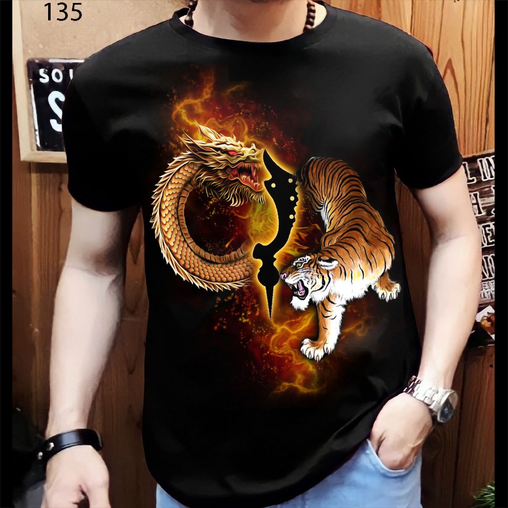 Kaos Distro Pria Santai Motif Dragon Tiger