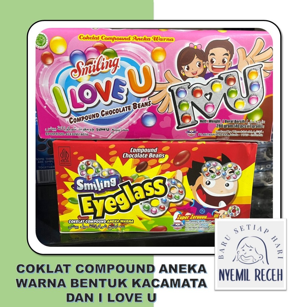 

Coklat Compound Aneka Warna Bentuk Kacamata dan I Love U per Box isi 40 Strip