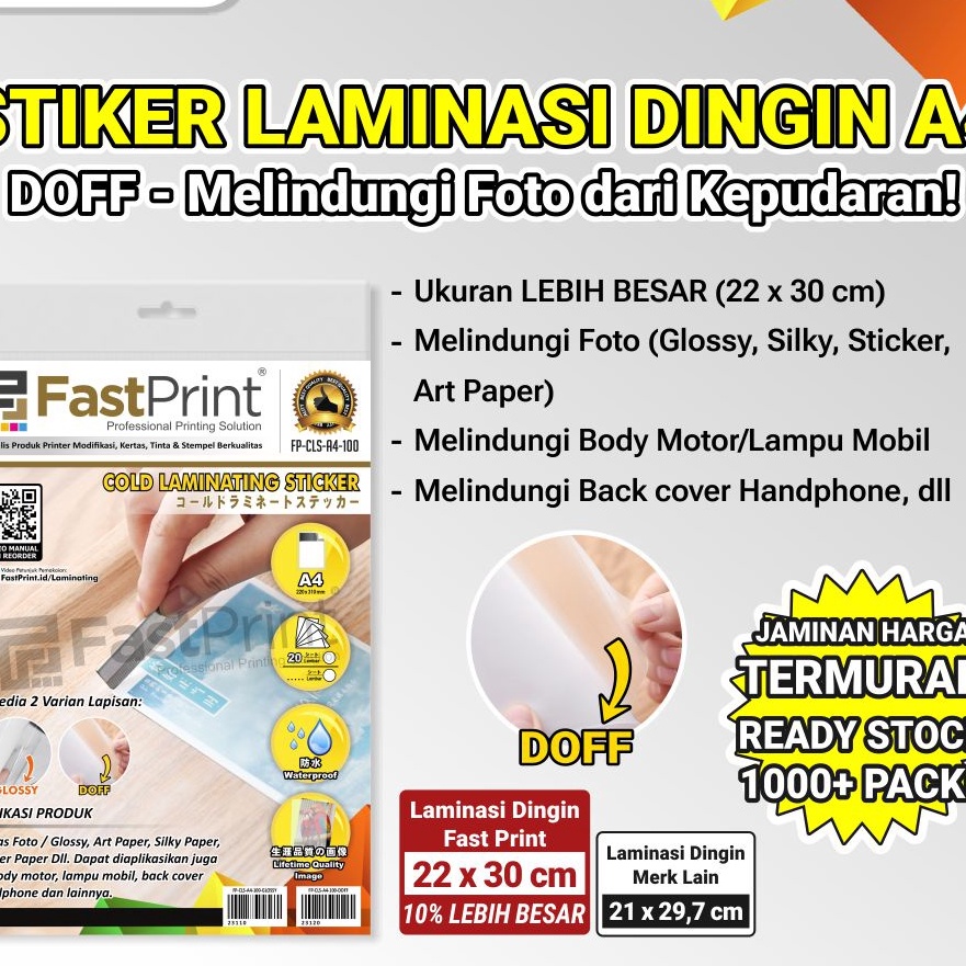 

Potongan Fast Print Stiker Laminasi Dingin A4 1 Micron Doff Glossy