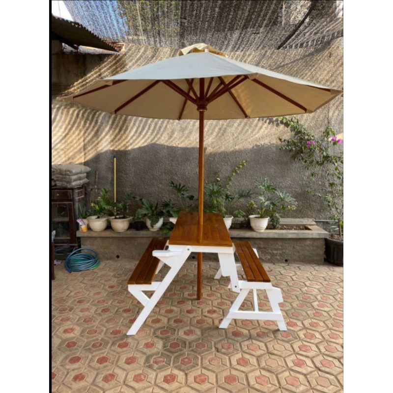 bangku taman outdoor plus payung kayu jati