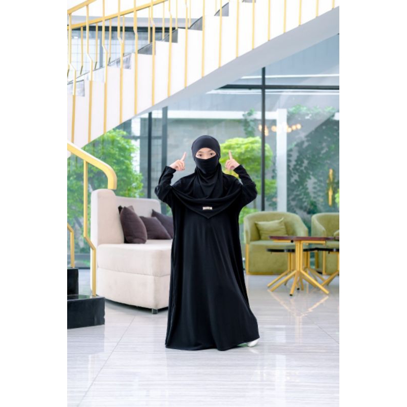 Gamis abaya anak perempuan set fk size 1-11Tahun Warna hitam bahan jersey premium gamis abaya set ca