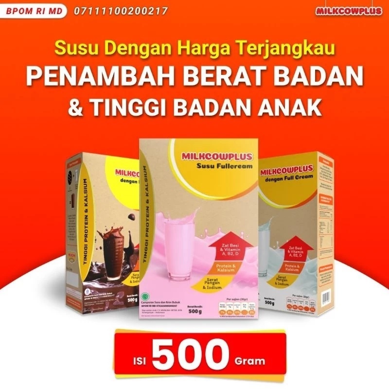 

MILKCOWPLUS Susu Penambah Tinggi dan Gemuk Badan Anak Dewasa Fullcream 500gr Vanilla Coklat Stroberi