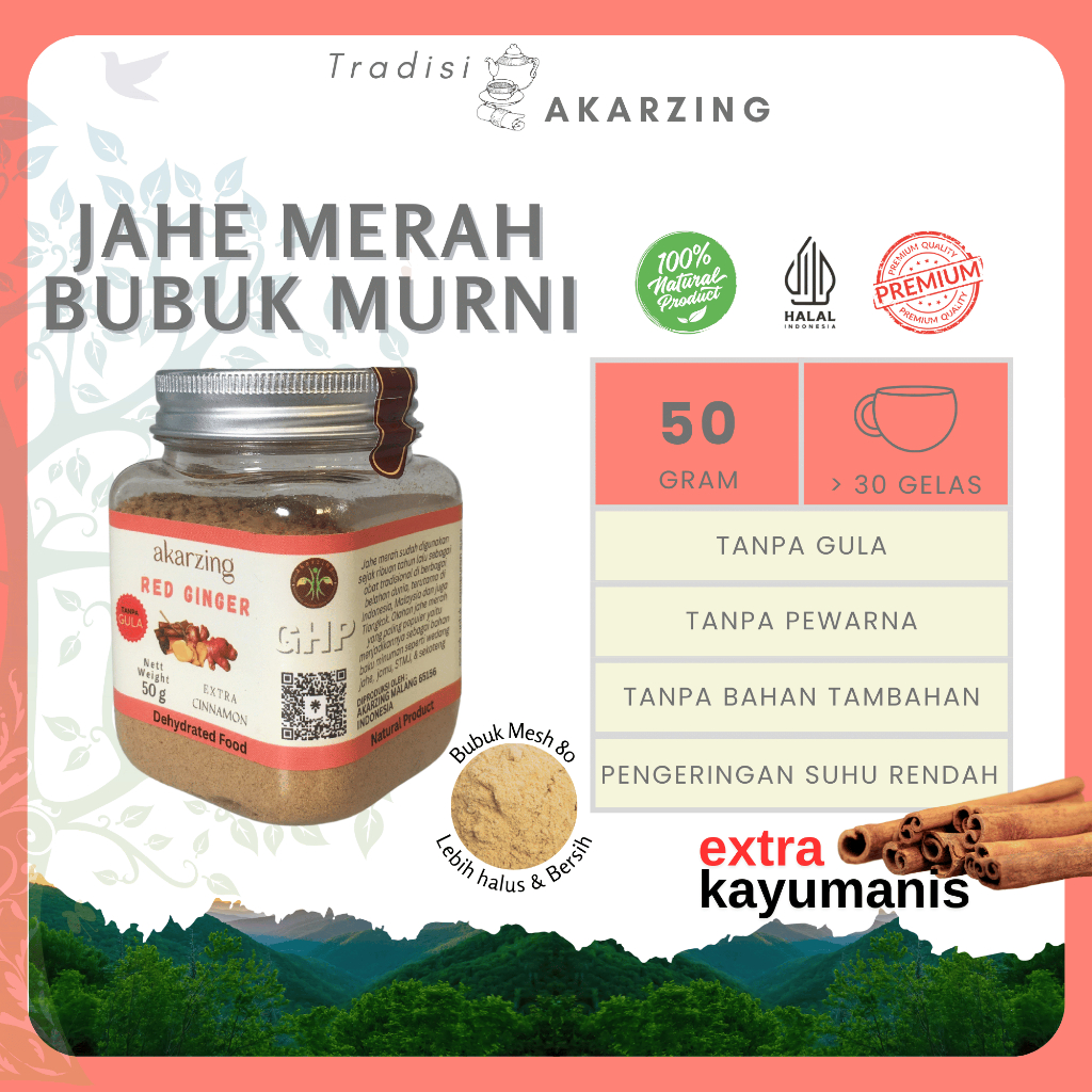 

Akarzing Jahe Merah Bubuk Extra Kayu Manis Tanpa Gula 50 gram I Minuman Rempah Herbal Instan I Jahe Merah Segar I Jahe Merah Instan