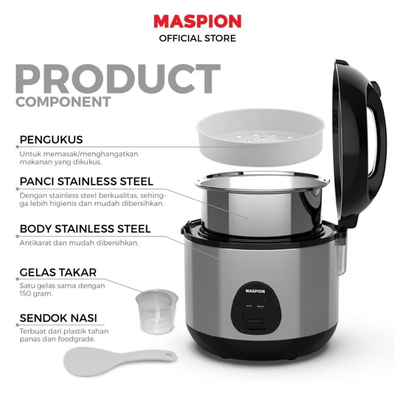 Rice Cooker Maspion MRJ 0623 BSS Panci Stainless 0,6 Liter Magic Com Penanak Nasi Warmer Steamer Min