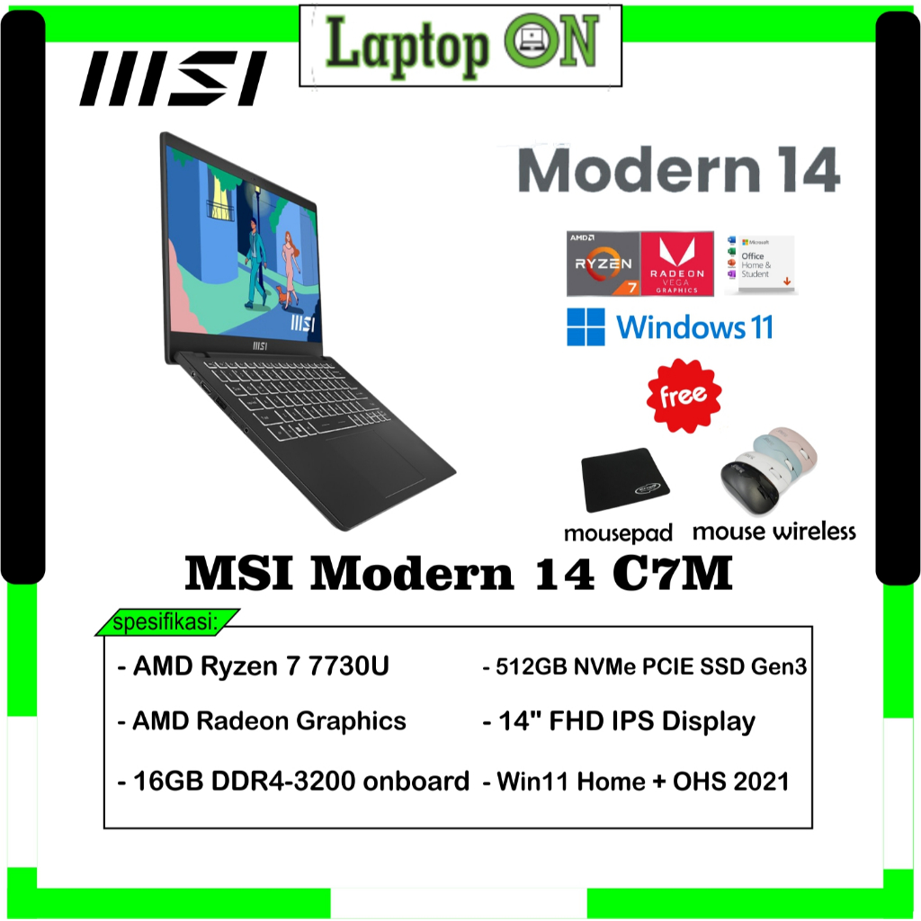 PROMO LAPTOP RYZEN 7 / MSI Modern 14 C7M Ryzen 7 7730U 16GB 512GB Win11 Classic Black