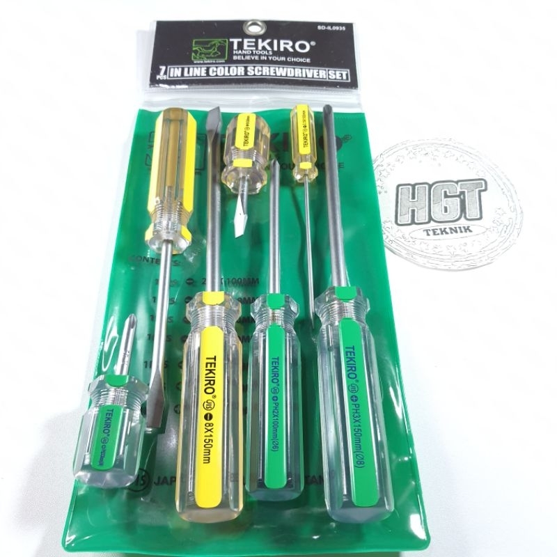 Obeng tekiro Kristal Set 7 Pcs / In Line Screwdriver Set 7 Pcs / Kuning Hijau min dan plus ORI / Tek