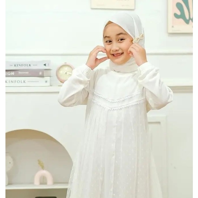 gamis anak putih naura set hijab terbaru untuk usia 5-13 tahun, gamis lebaran