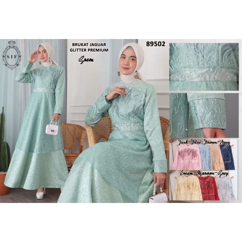 Ready Stock Dress Kondangan Merah Bahan Jaguar Premium Gamis Jaguar Mix Brukat Sage Sky blue Pink Dr