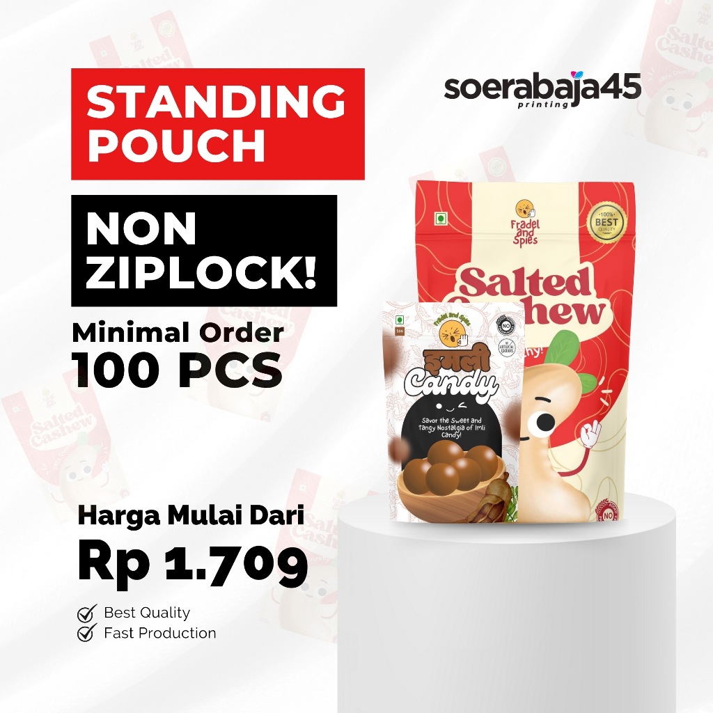 Cetak Kemasan Standing Pouch Full Printing Custom Non Ziplock