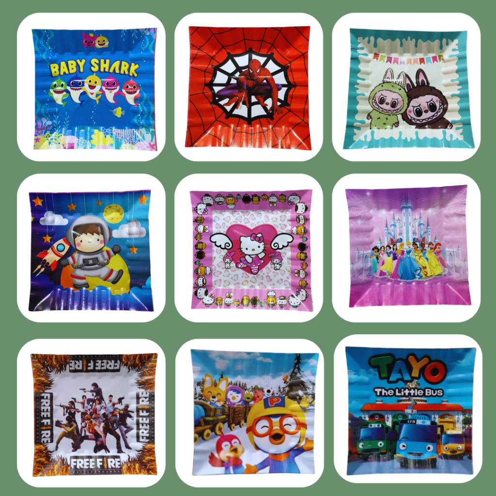 (Isi 10 Pcs) Piring Kue Kertas Karakter Kartun / Piring Kue Ultah 12x12 cm / Piring Kotak Kue Ultah