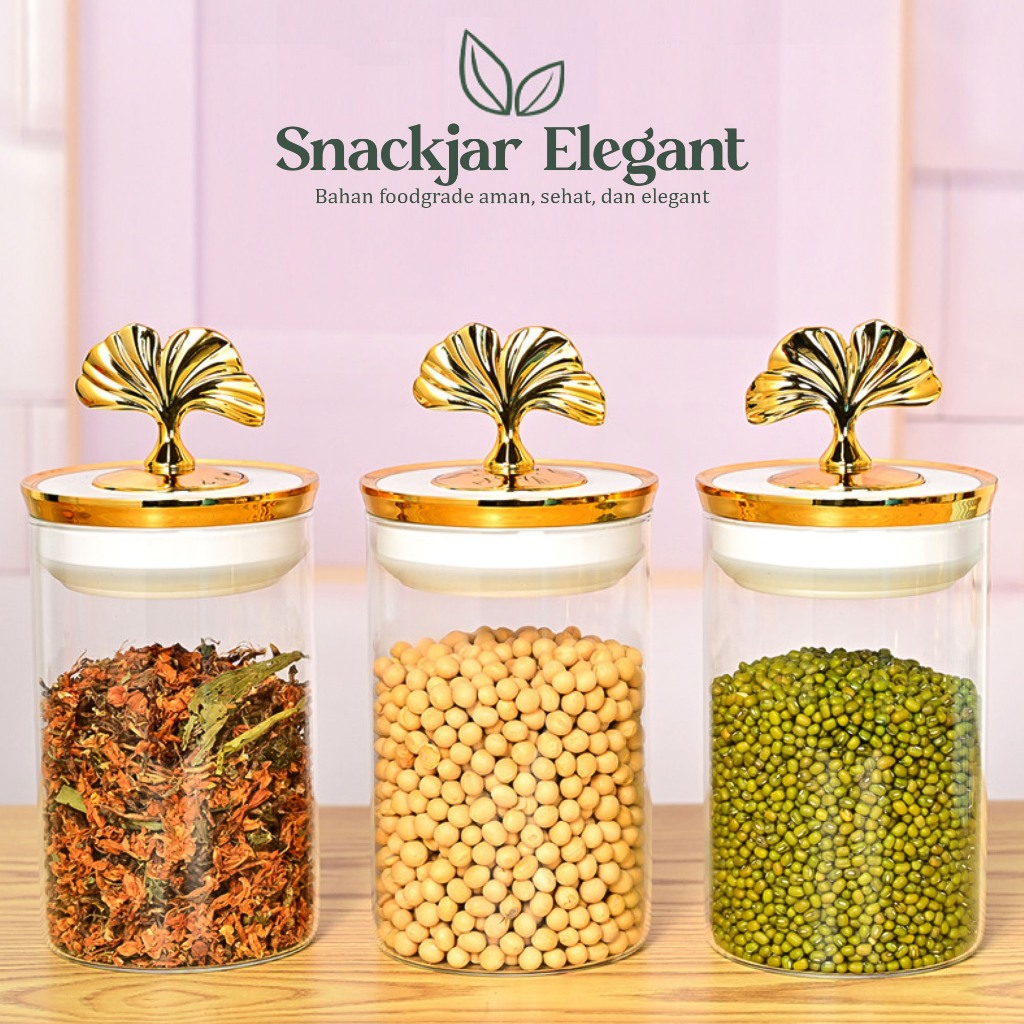 Toples Makanan Kaca - Tutup Gold Kedap Udara / Wadah Kue Lebaran / Hampers Toples Hari Raya / Toples
