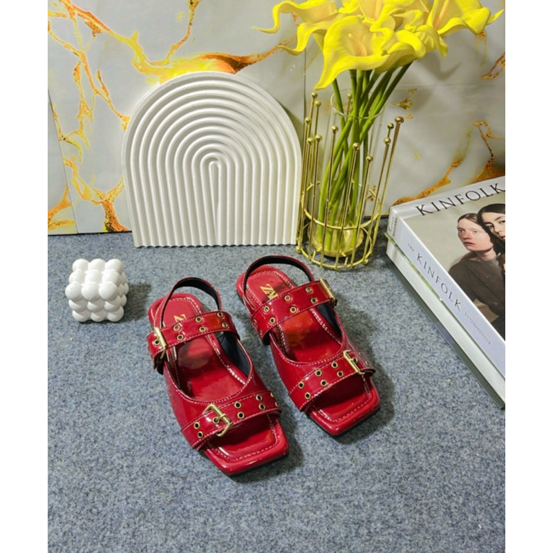 Sandal Selop Zara Gesper Glossy Tali Sandal Wanita Kekinian Trendy Kode SMU54
